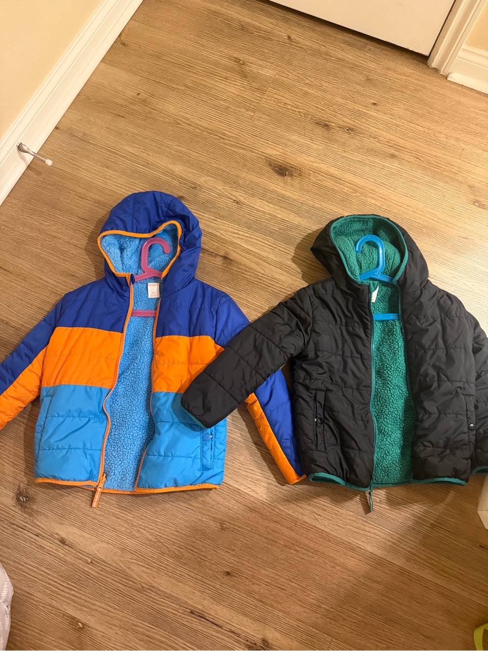 2 Cat & Jack Kids Two-Tone Puffer Jacket in Blue & Orange with Light Blue Sherpa